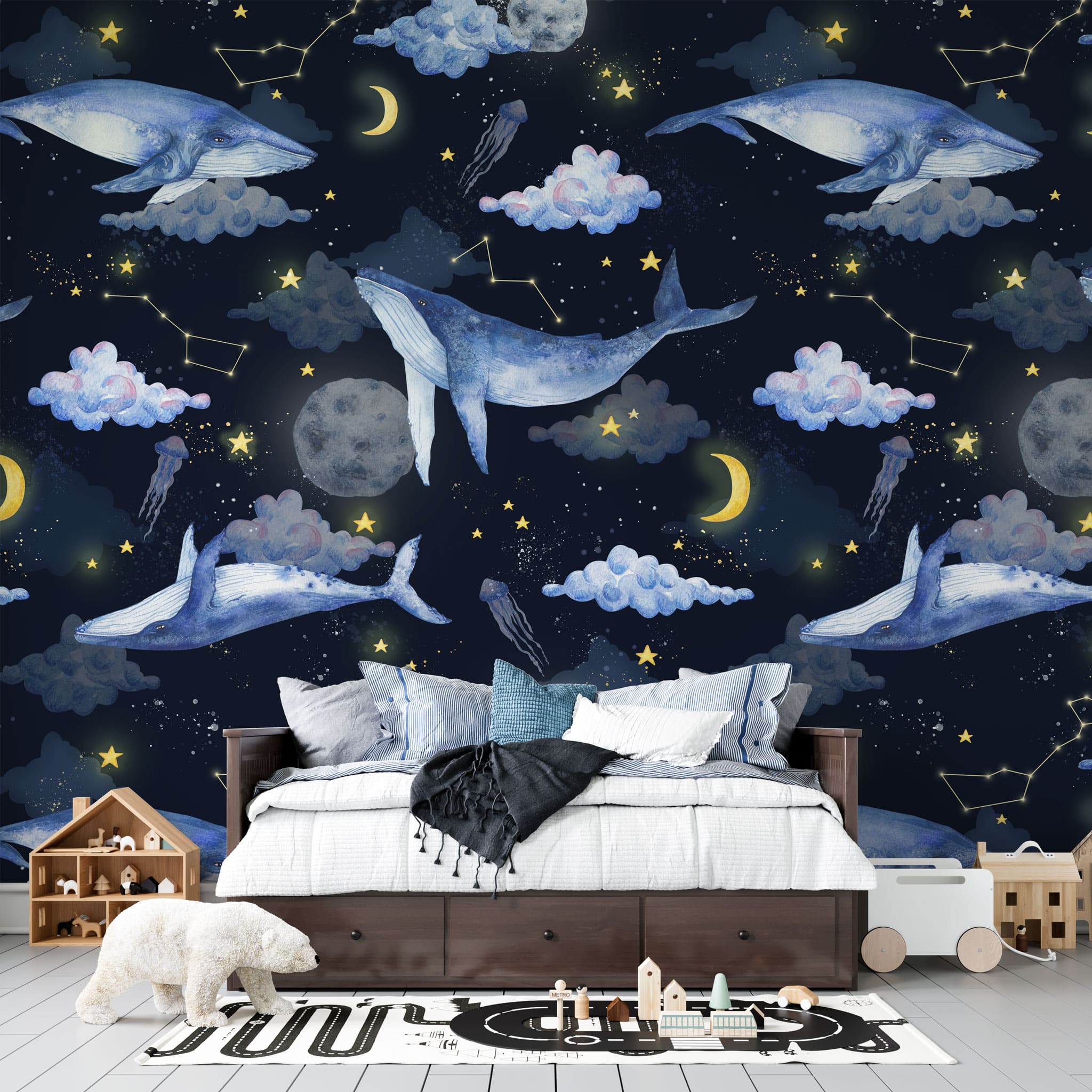 Tapet personalizat universul spatial pentru copii cu balene pe cerul negru printre luna stele constelatii si nori night wale