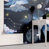 Tapet personalizat universul spatial pentru copii cu balene pe cerul negru printre luna stele constelatii si nori night wale
