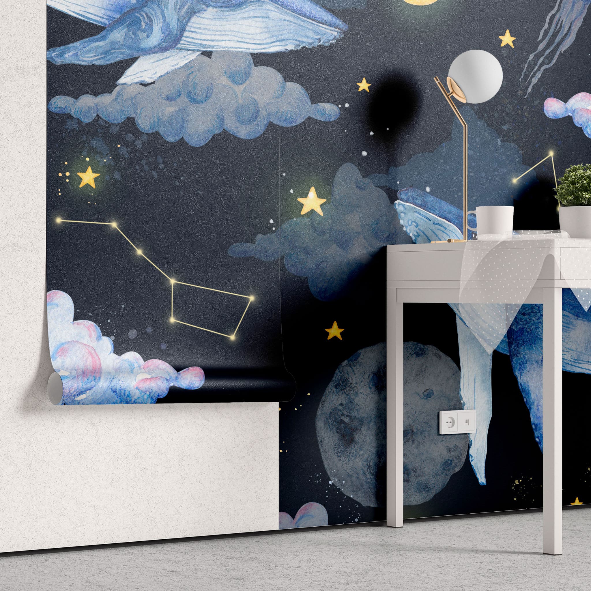 Tapet personalizat universul spatial pentru copii cu balene pe cerul negru printre luna stele constelatii si nori night wale