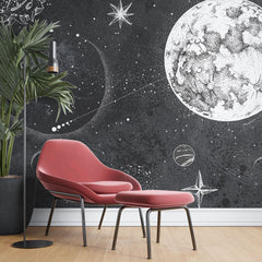 Tapet personalizat universul spatial pentru copii cu planete stele si constelatii in spatiu in alb negru monochrome planets