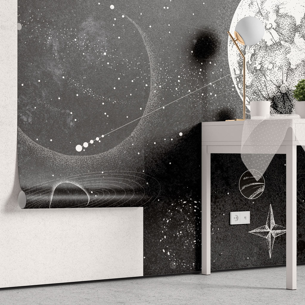 Tapet personalizat universul spatial pentru copii cu planete stele si constelatii in spatiu in alb negru monochrome planets