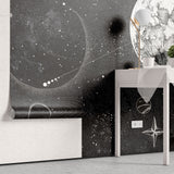 Tapet personalizat universul spatial pentru copii cu planete stele si constelatii in spatiu in alb negru monochrome planets