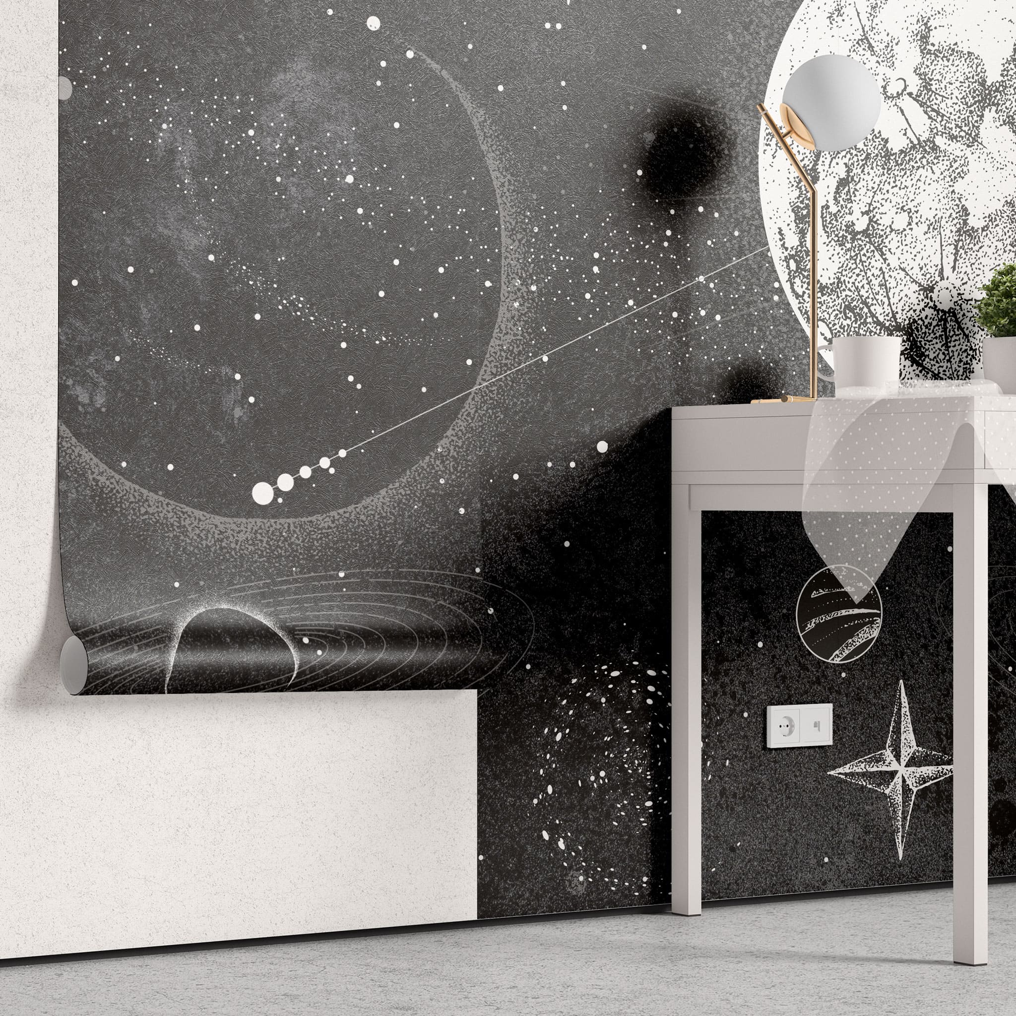 Tapet personalizat universul spatial pentru copii cu planete stele si constelatii in spatiu in alb negru monochrome planets