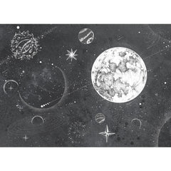 Tapet personalizat universul spatial pentru copii cu planete stele si constelatii in spatiu in alb negru monochrome planets