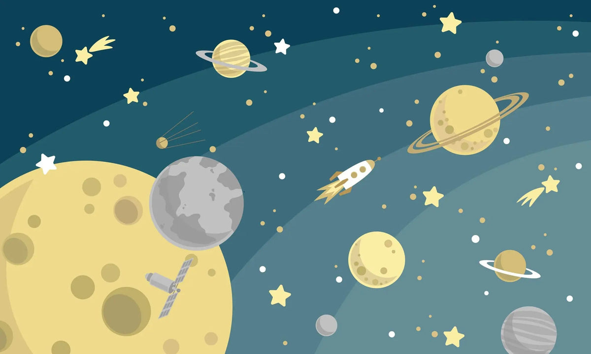 Tapet personalizat universul spatial pentru copii cu planete si rachete cosmic adventure