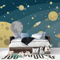 Tapet personalizat universul spatial pentru copii cu planete si rachete cosmic adventure