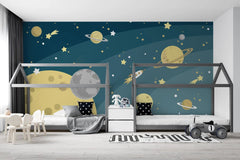 Tapet personalizat universul spatial pentru copii cu planete si rachete cosmic adventure