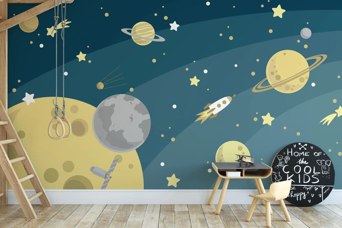 Tapet personalizat universul spatial pentru copii cu planete si rachete cosmic adventure