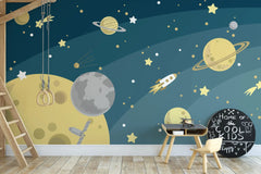 Tapet personalizat universul spatial pentru copii cu planete si rachete cosmic adventure