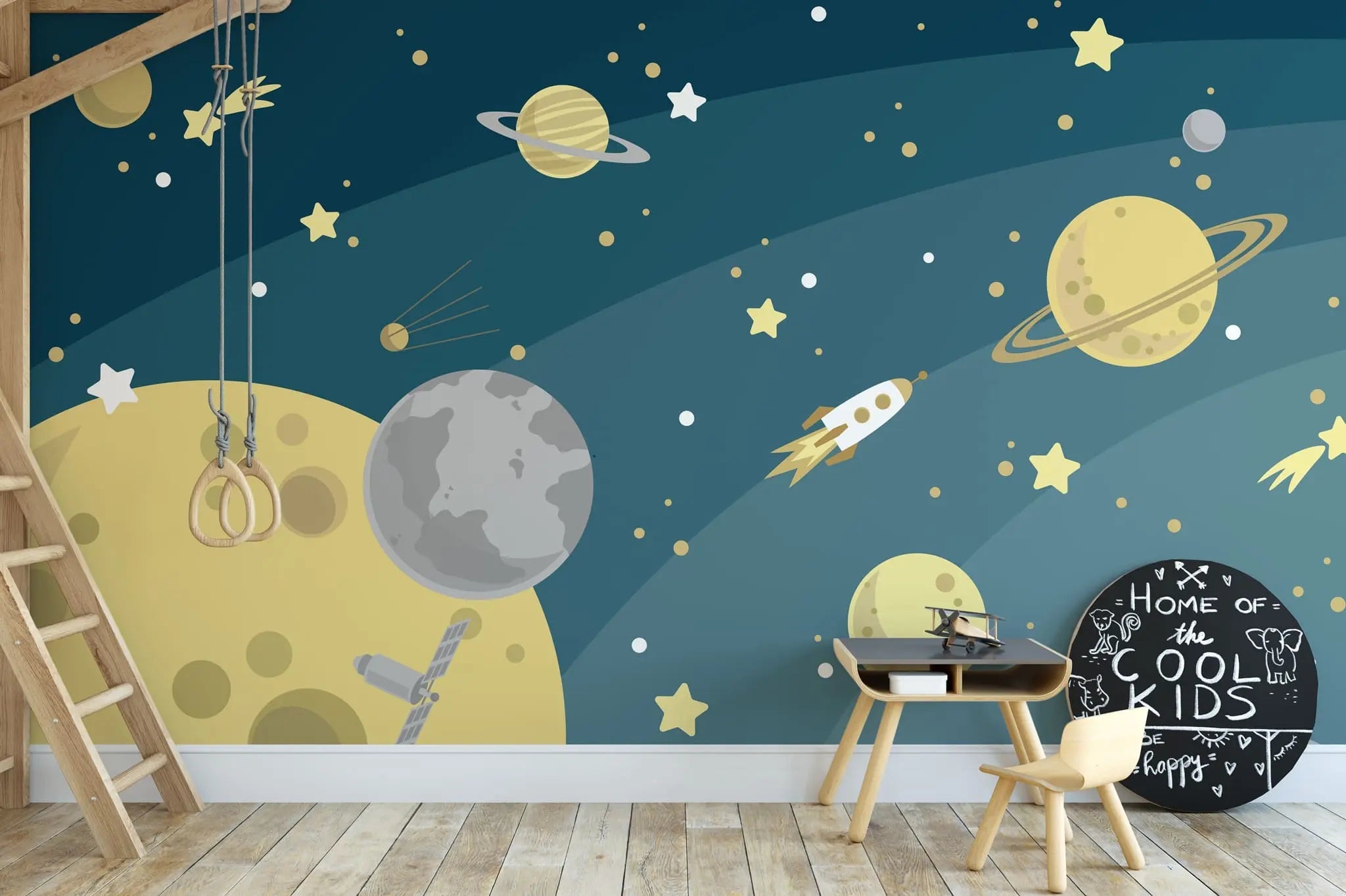 Tapet personalizat universul spatial pentru copii cu planete si rachete cosmic adventure