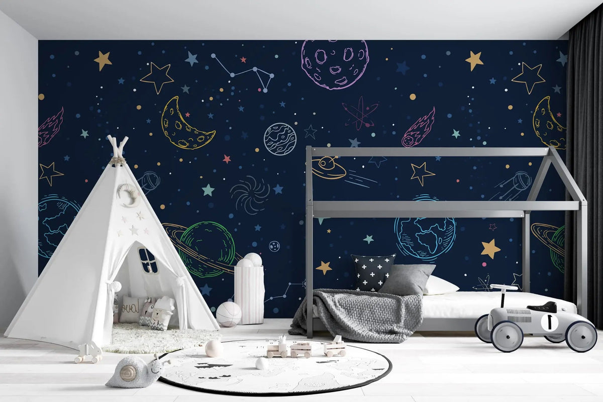 Tapet personalizat universul spatial pentru copii cu planete si nave spatiale hand drawn galaxy