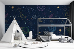 Tapet personalizat universul spatial pentru copii cu planete si nave spatiale hand drawn galaxy