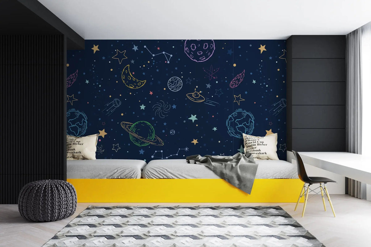 Tapet personalizat universul spatial pentru copii cu planete si nave spatiale hand drawn galaxy