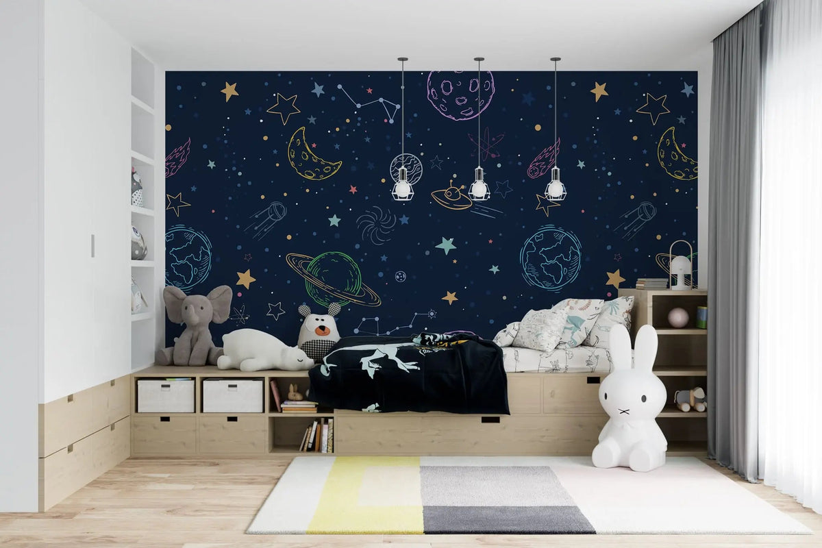 Tapet personalizat universul spatial pentru copii cu planete si nave spatiale hand drawn galaxy