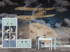 Tapet Personalizat Universul Spatial pentru Copii cu avion zburand peste luna printre nori pe timp de noapte - CLOUDY NIGHT FLIGHT
