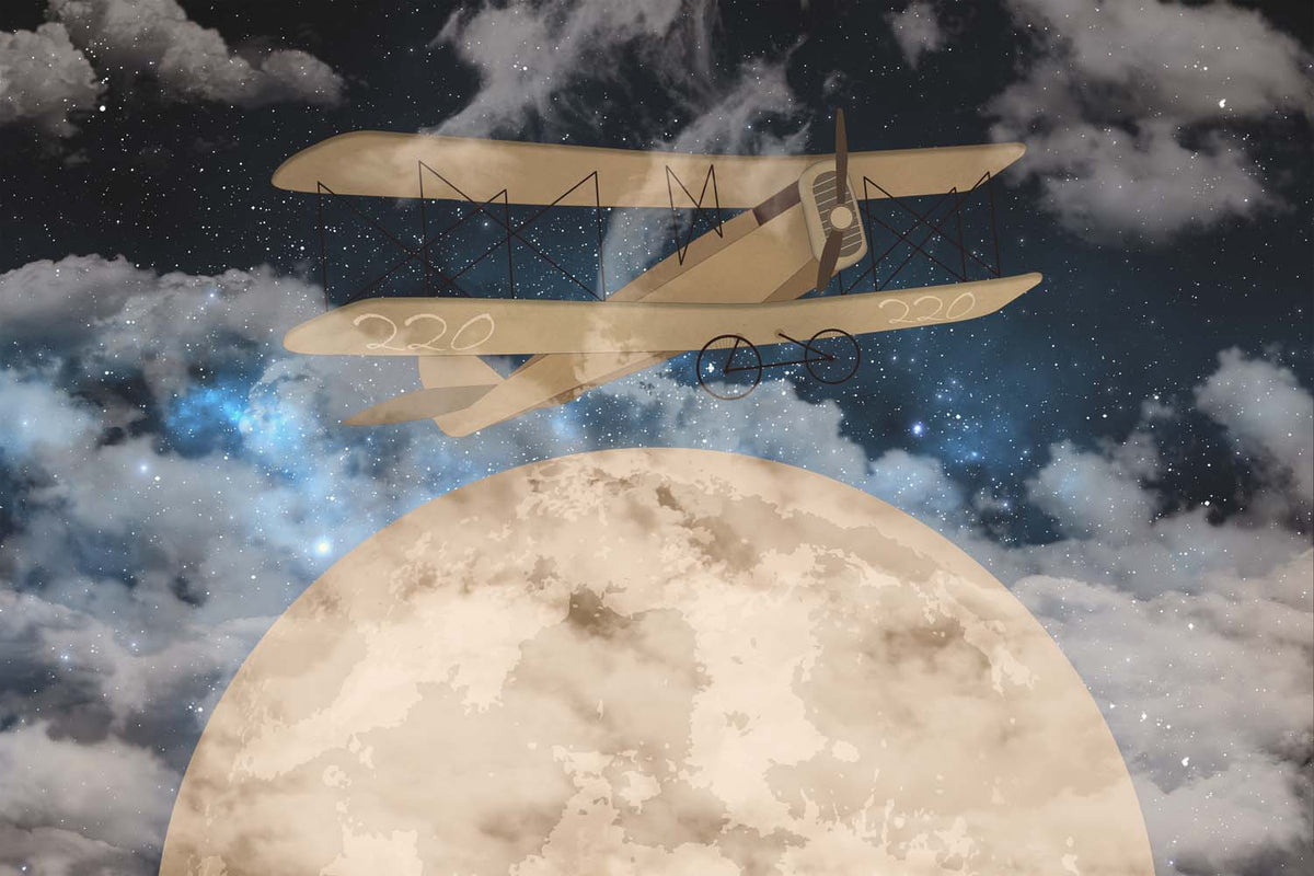 Tapet Personalizat Universul Spatial pentru Copii cu avion zburand peste luna printre nori pe timp de noapte - CLOUDY NIGHT FLIGHT