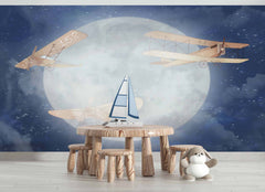 Tapet Personalizat Universul Spatial pentru Copii cu avioane zburand peste luna pe timp de noapte - MOON PLANES