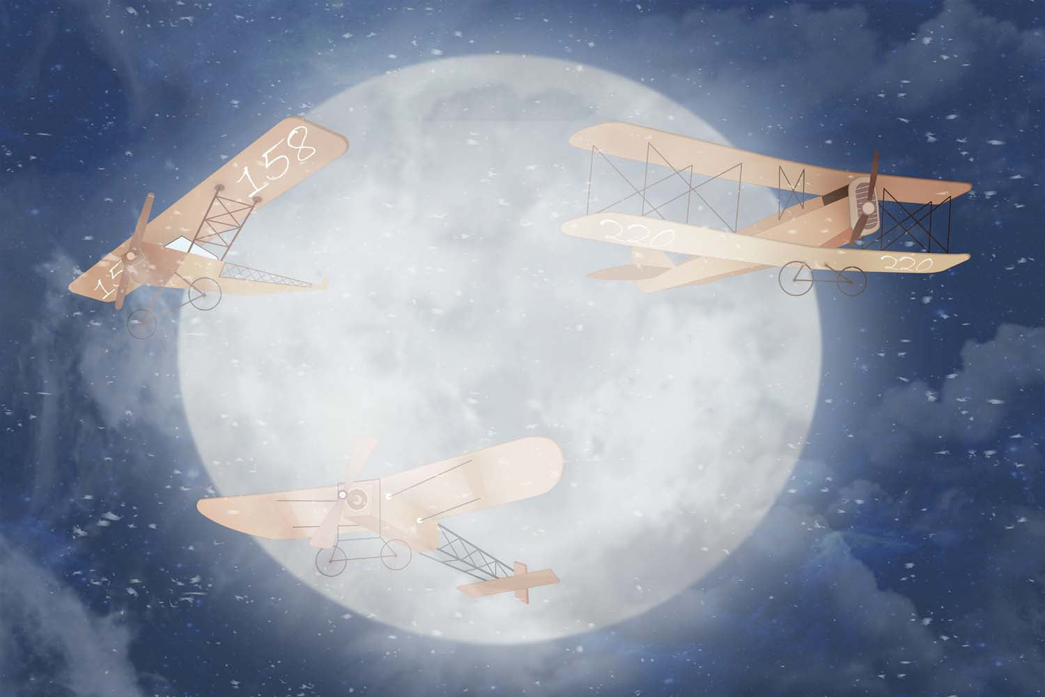 Tapet Personalizat Universul Spatial pentru Copii cu avioane zburand peste luna pe timp de noapte - MOON PLANES
