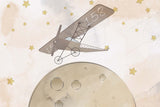 Tapet Personalizat Universul Spatial pentru Copii cu avion zburand peste luna printre stele in nuante de bej - STARRY MOON PLANE