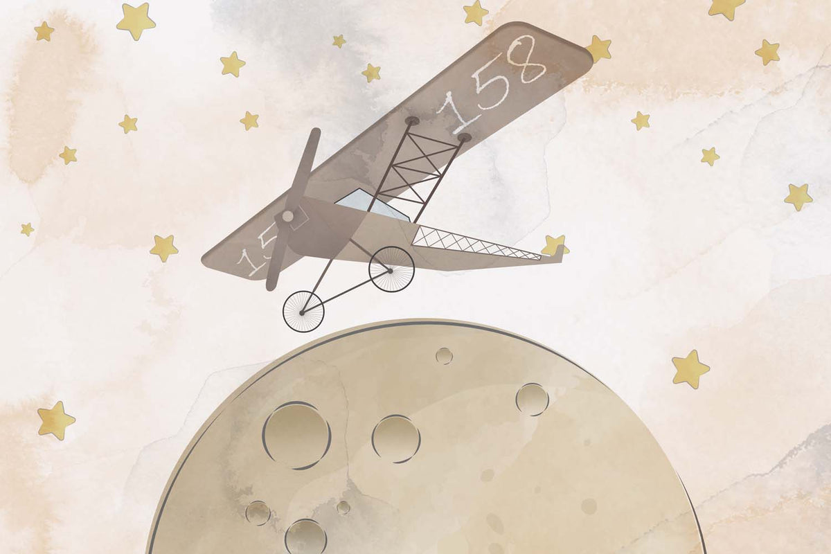 Tapet Personalizat Universul Spatial pentru Copii cu avion zburand peste luna printre stele in nuante de bej - STARRY MOON PLANE