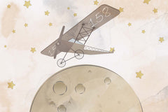 Tapet Personalizat Universul Spatial pentru Copii cu avion zburand peste luna printre stele in nuante de bej - STARRY MOON PLANE