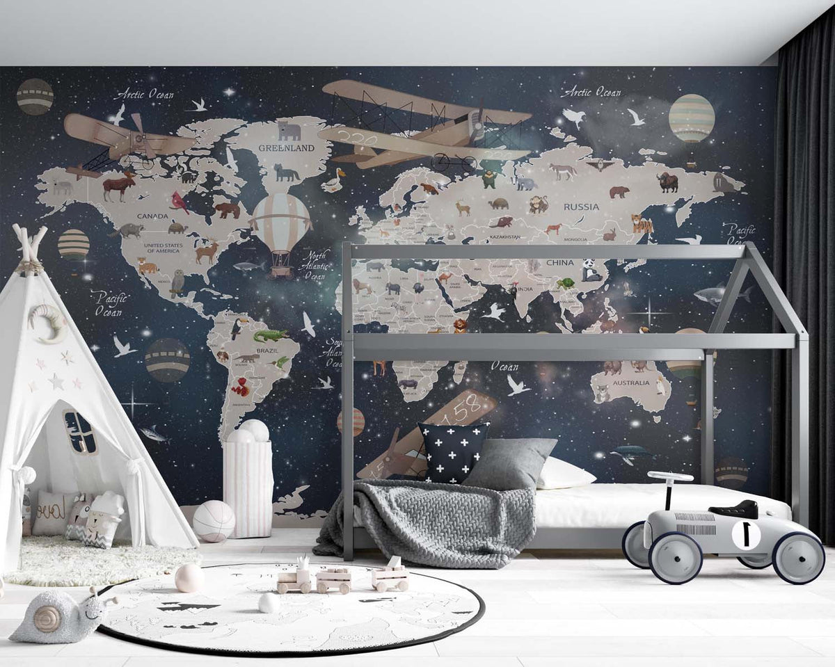 Tapet Personalizat Universul Spatial pentru Copii cu harta lumii pe fundal spatial - MIDNIGHT MAP