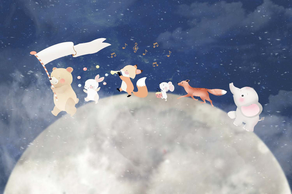 Tapet Personalizat Universul Spatial pentru Copii cu animalute mergand pe luna - ANIMAL'S MOON TRIP