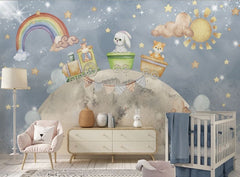 Tapet Personalizat Universul Spatial pentru Copii cu animalute mergand pe luna cu trenulet - RAINBOW MOON