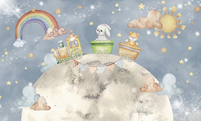 Tapet Personalizat Universul Spatial pentru Copii cu animalute mergand pe luna cu trenulet - RAINBOW MOON