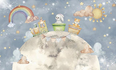 Tapet Personalizat Universul Spatial pentru Copii cu animalute mergand pe luna cu trenulet - RAINBOW MOON