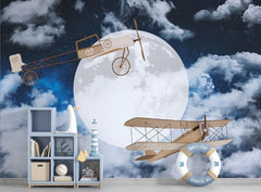 Tapet Personalizat Universul Spatial pentru Copii cu avioane zburand peste luna printre nori pe timp de noapte - CLOUDY NIGHT FLIGHT II