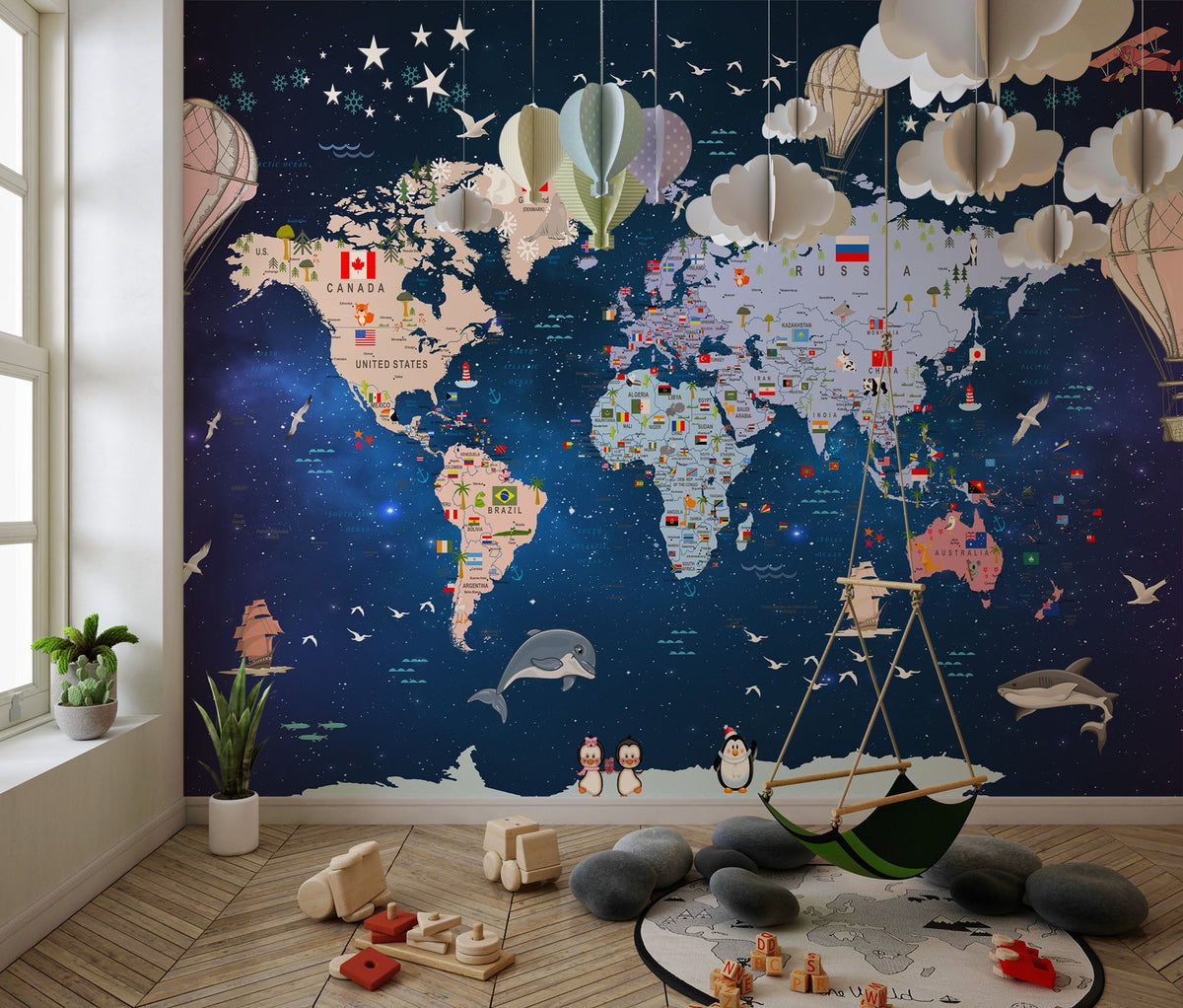 Tapet Personalizat Universul Spatial pentru Copii cu harta lumii cu steaguri pe un fundal spatial - SPACE MAP
