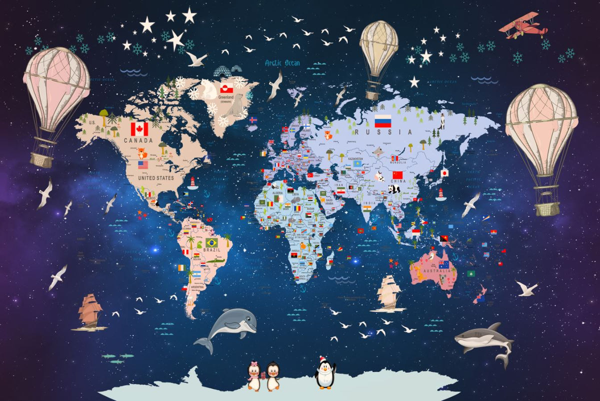 Tapet Personalizat Universul Spatial pentru Copii cu harta lumii cu steaguri pe un fundal spatial - SPACE MAP