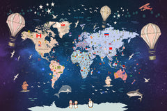 Tapet Personalizat Universul Spatial pentru Copii cu harta lumii cu steaguri pe un fundal spatial - SPACE MAP