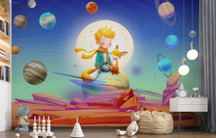 Tapet Personalizat Universul Spatial pentru Copii cu un copil si o vulpe in sistemul solar - SPACE FOX KID