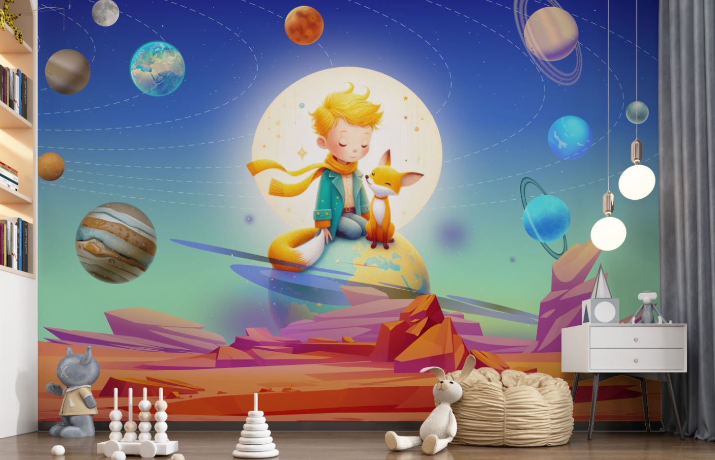 Tapet Personalizat Universul Spatial pentru Copii cu un copil si o vulpe in sistemul solar - SPACE FOX KID