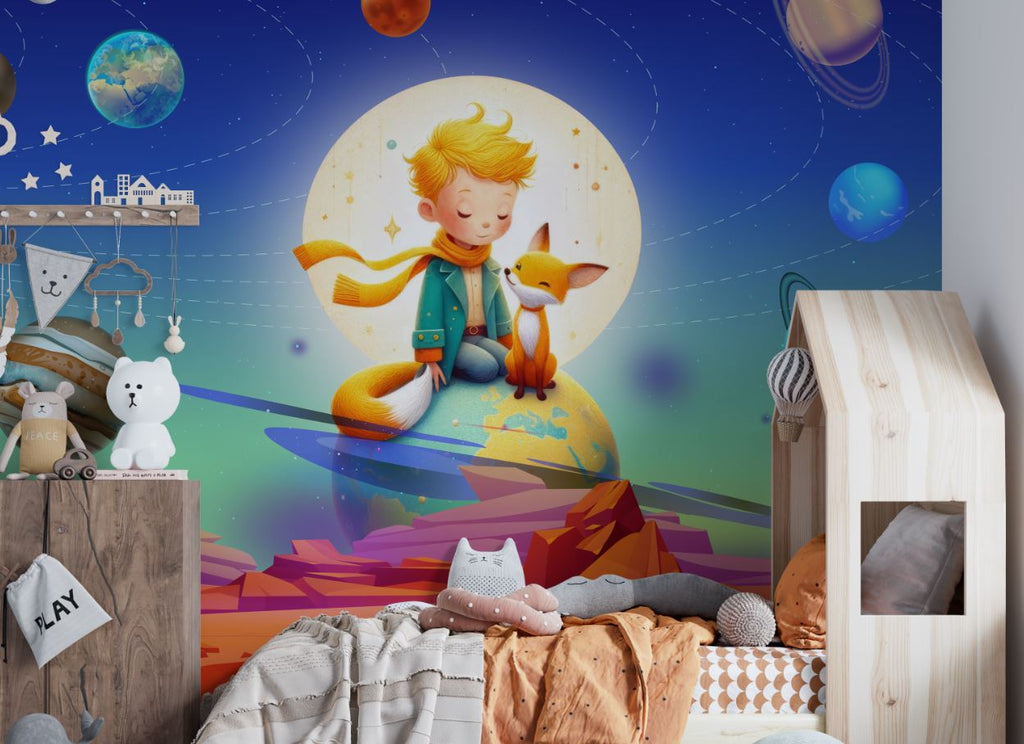 Tapet Personalizat Universul Spatial pentru Copii cu un copil si o vulpe in sistemul solar - SPACE FOX KID