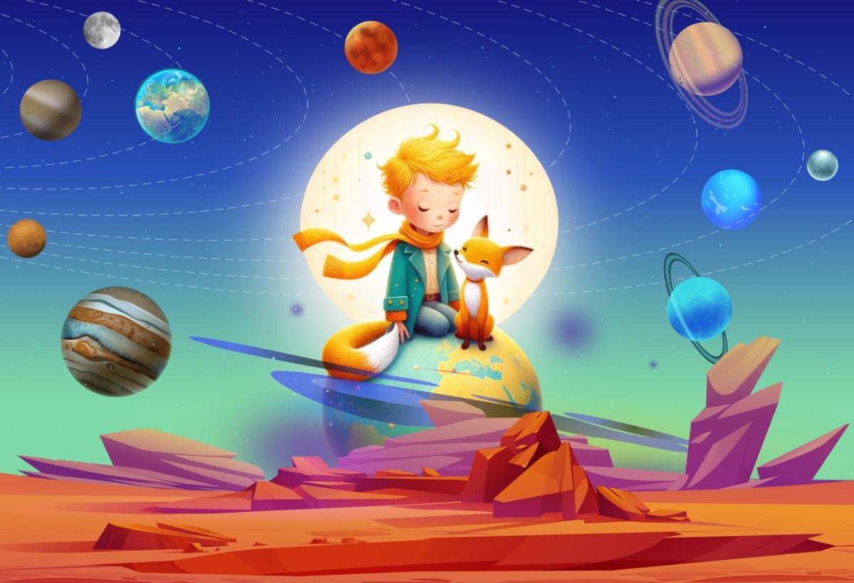 Tapet Personalizat Universul Spatial pentru Copii cu un copil si o vulpe in sistemul solar - SPACE FOX KID