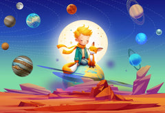 Tapet Personalizat Universul Spatial pentru Copii cu un copil si o vulpe in sistemul solar - SPACE FOX KID