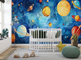 Tapet Personalizat Universul Spatial pentru Copii cu sistemul solar in spatiu in stil pictura watercolor - STARRY PLANETS