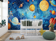 Tapet Personalizat Universul Spatial pentru Copii cu sistemul solar in spatiu in stil pictura watercolor - STARRY PLANETS