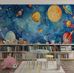 Tapet Personalizat Universul Spatial pentru Copii cu sistemul solar in spatiu in stil pictura watercolor - STARRY PLANETS