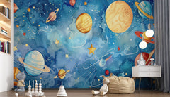 Tapet Personalizat Universul Spatial pentru Copii cu sistemul solar in spatiu in stil pictura watercolor - STARRY PLANETS