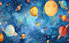 Tapet Personalizat Universul Spatial pentru Copii cu sistemul solar in spatiu in stil pictura watercolor - STARRY PLANETS