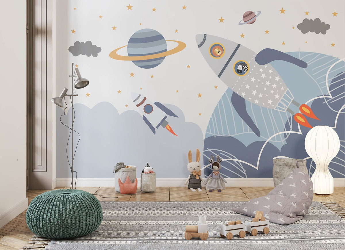 Tapet Personalizat Universul Spatial pentru Copii cu animale zburand in spatiu cu racheta - ANIMAL'S SPACE FLIGHT