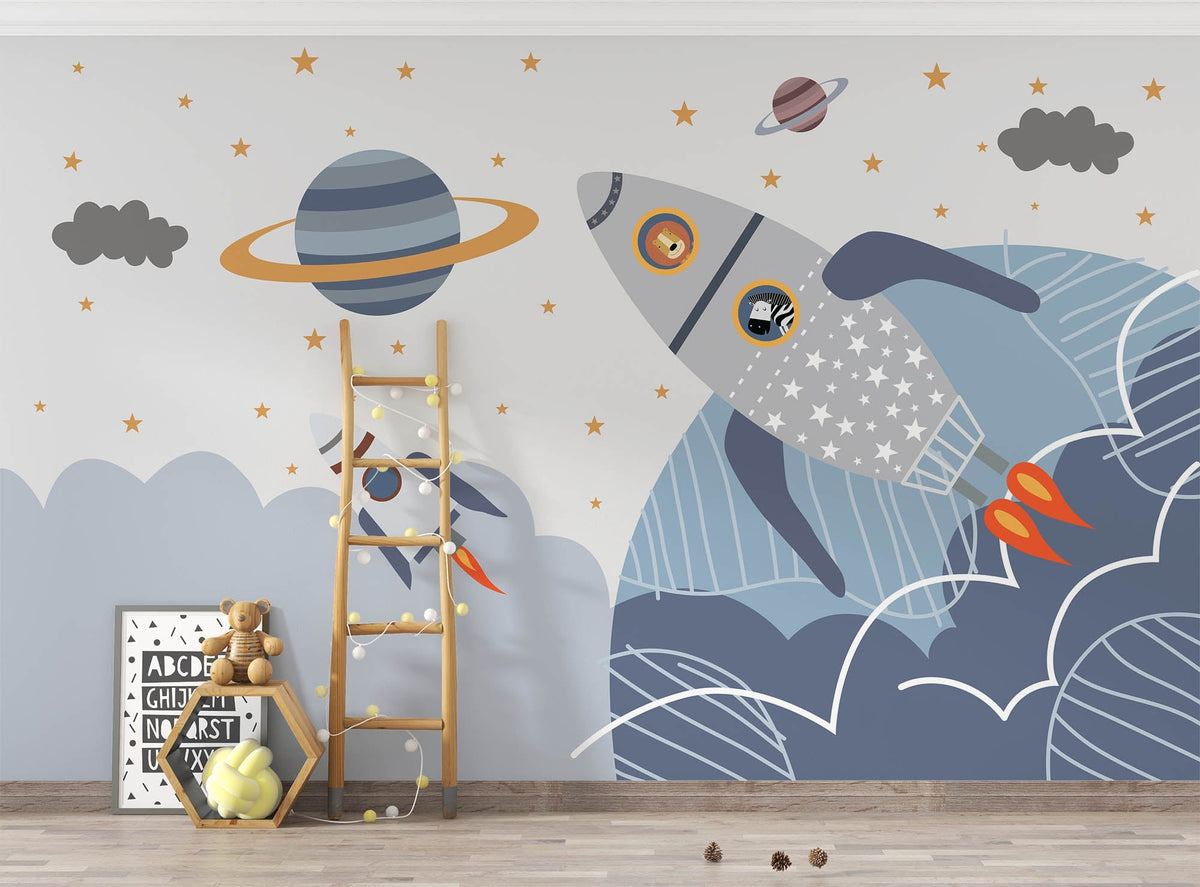 Tapet Personalizat Universul Spatial pentru Copii cu animale zburand in spatiu cu racheta - ANIMAL'S SPACE FLIGHT
