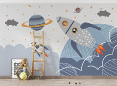 Tapet Personalizat Universul Spatial pentru Copii cu animale zburand in spatiu cu racheta - ANIMAL'S SPACE FLIGHT