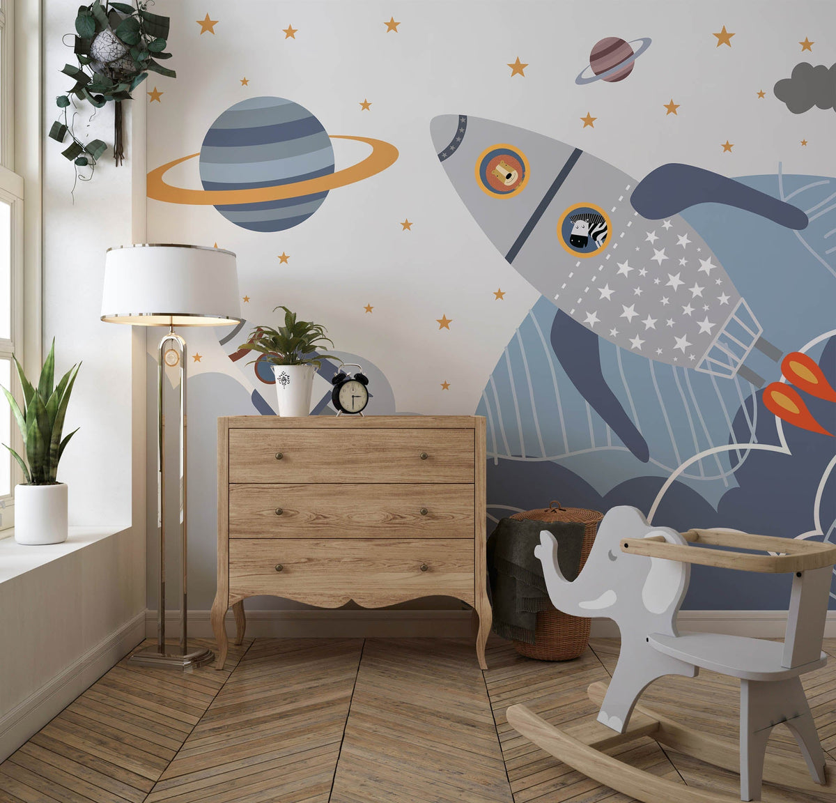 Tapet Personalizat Universul Spatial pentru Copii cu animale zburand in spatiu cu racheta - ANIMAL'S SPACE FLIGHT
