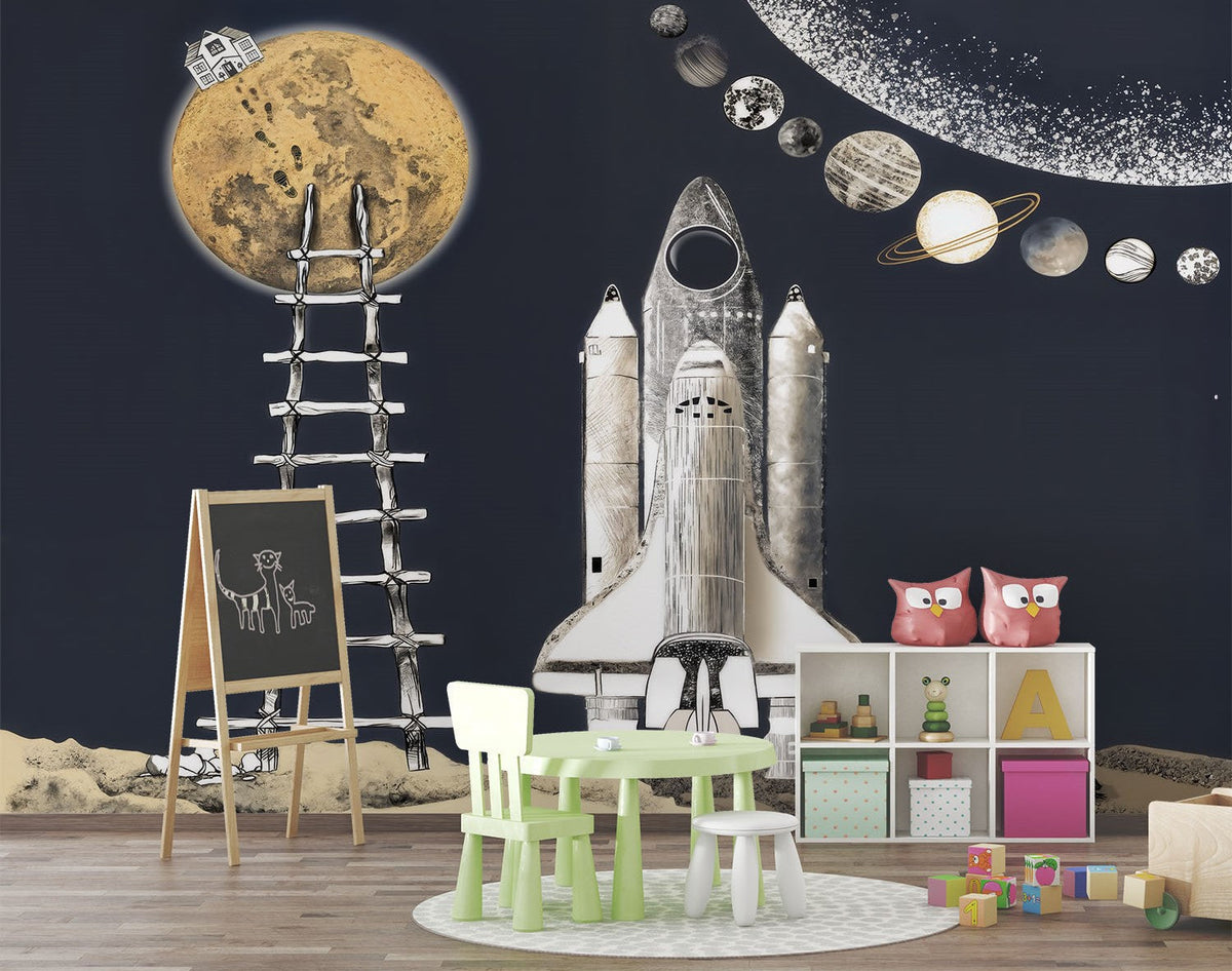 Tapet Personalizat Universul Spatial pentru Copii cu aterizarea pe luna si sistemul solar - MOON LANDING