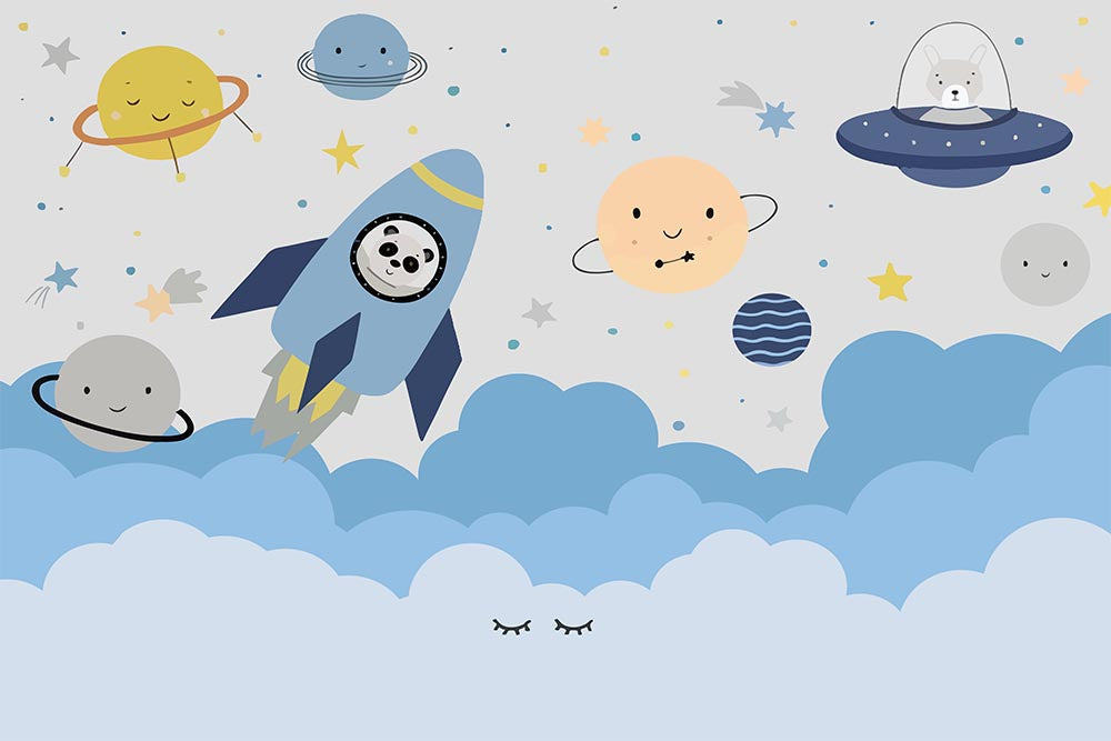 Tapet Personalizat Universul Spatial pentru Copii cu planete fericite in nuante de albastru - HAPPY PLANETS